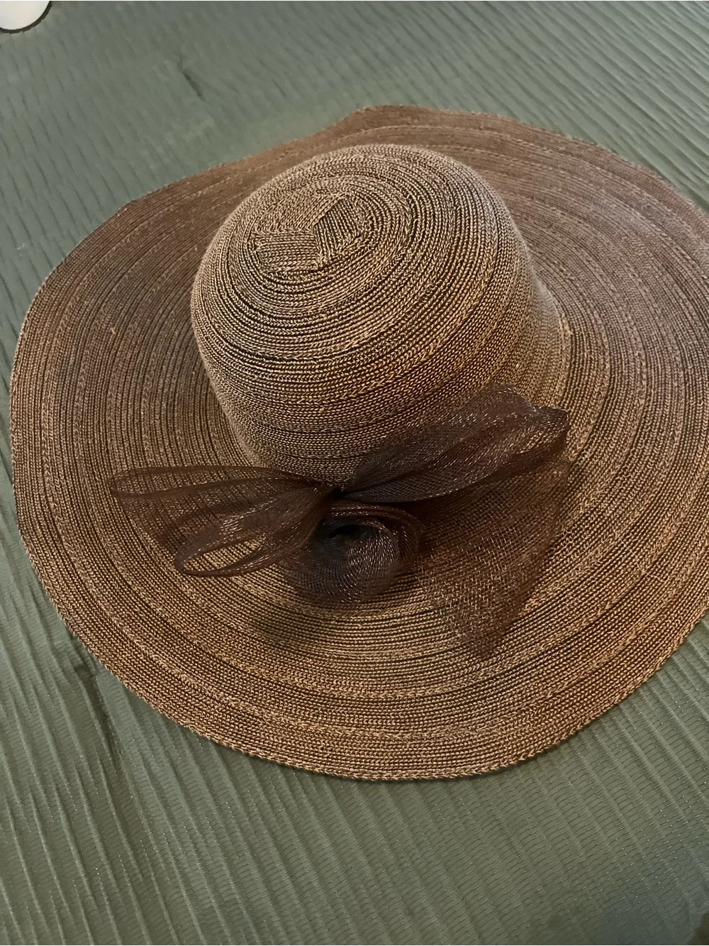 Brown Wide-Brim Straw Sun Hat with Bow Accent